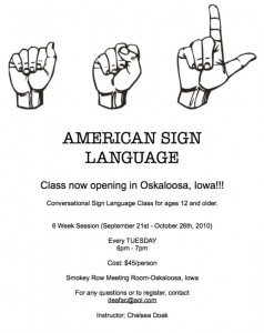 Sign Language Class Starting in Oskaloosa