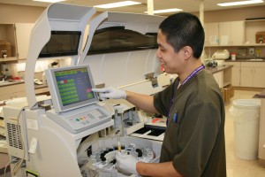 MHP Medical Technologist Chris Potot uses the Elecsys 2010 immunoassay analyzer, which performs special chemistry tests including thyroid and cardiac tests. The MHP Laboratory recently received CAP accreditation, based on results of an on-site inspection.