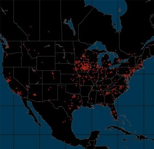 The red/orange spots indicate visitors to Oskaloosa News this past month. Just over 98,000 different ip addresses help make up this map.