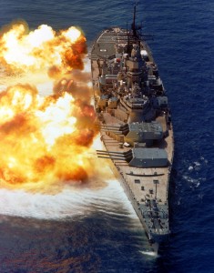 BB-61 U.S.S. Iowa fires broadside during a August of 1984 demonstration (photo USN)