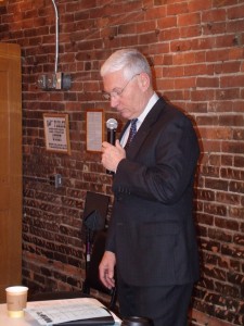 Representative Guy Vander Lander checks some notes during Eggs and Issues April 8th, 2011