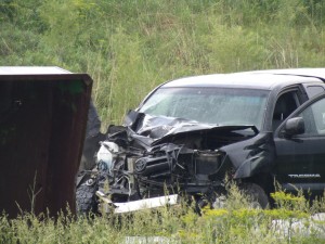 The Toyota Tacoma of Malisa Throckmorton took heavy damage in the Saturday accident on U.S. 63