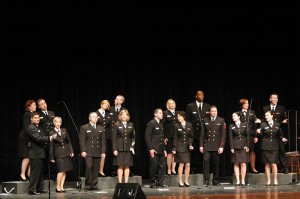 The U.S. Navy Sea Chanters on stage at George Daily Auditorium Thursday evening