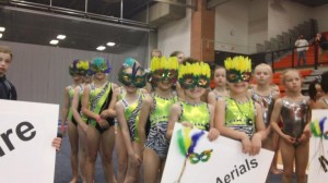 Pictured—Oskaloosa YMCA Aerials Xcel Rookie Team at march in at the Mardi Gras Invite. Front to back: Lydia VanVeldhuizen, Ellison Ritzert, Hailey Gunn, Nobalee Galbraith, Willa Kelpe (hiding), Rylee Ebelsheiser, Nichole Gokey, Ella Roach, (hiding in the back is Faith DeRonde, not pictured—Lilly McKay) (submitted photo)