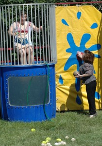 Mahaska Health Partnership Director of Patient Accounts Joyce Vonk gets dunked to help raise money for Relay for Life of Mahaska County.