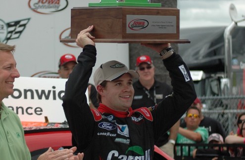 Ricky Stenhouse Jr. celebrates his third victory in a row at the Iowa Speedway Sunday. (photo by Ginger Allsup)