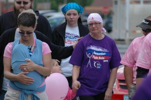Lori Milligan (purple t-shirt) enjoys the support of her family and friends on Saturday during Relay for Life