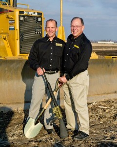 On Monday, November 19, 2012, Brownells CEO Pete Brownell (left) and Chairman Frank Brownell (right) were joined by other staff in what was a Grinnell, IA, cornfield near Interstate 80 to celebrate the ceremonial "first dig," marking the official groundbreaking of their new warehouse expansion and office facility. (submitted photo)