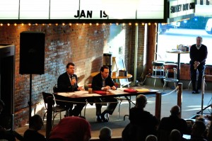 Oskaloosa Mayor Dave Krutzfeldt (left) and Mahaska County Supervisor Greg Gordy (right) discuss topics impacting area residents Saturday morning.