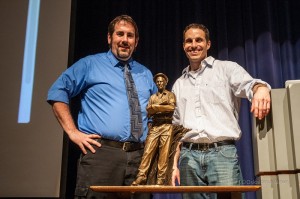 OHS art teacher and sculptor Matt Kargol (left) and Statuary Hall artist Benjamin Victor (right) pose in from the Norman Borlaug miniature.