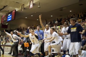 The William Penn bench erupts as the James Devlin shot swished, giving Penn the win. 