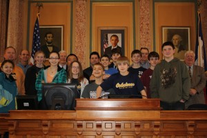 Reps. Vander Linden and Sheets are pictured here with the students in the House chamber.  