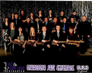 Members of the Oskaloosa Jazz Ensemble: Front row L-R: Samantha Braundmeier, Libby VanMersbergen, Adam Hammes, Travis Gile & Wyatt Teeter. Second row L-R:  Bailey Blythe, Luke Siebens, Jakob Hartl, John Siebens, Sam Nunnikhoven, Josh McDanel, Trevor Fitzpatrick & Rich Waddingotn. Third row L-R: Taryn Shaw, Jared Buckallew, Riley Berg, Ashley Nimtz, Jennifer Watters, Kamron Van Hulzen & Matt Presley. Fourth row L-R: Josie Beecher & Daniela Diaz. 