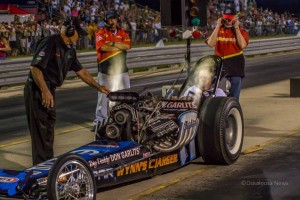 "Big Daddy" Don Garlits cackles one of his "Swamp Rat" dragsters at Eddyville Raceway Park Saturday Night (photo by Denis Currier/Oskaloosa News)