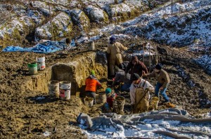 Work continued at the Mahaska Mammoth dig site on Saturday despite the cold weather and snow.