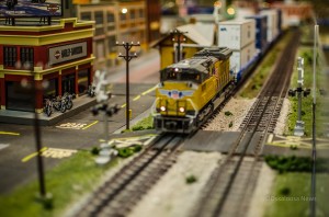 This model train moves through one of the many lay-outs at the Penn Central Railroad Club.