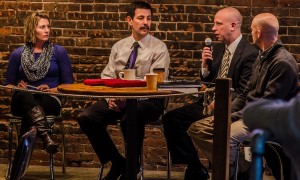 Issues switched from state to local issues on Saturday for Eggs and Issues. Left to right is; Natalie Spray, Jay Christensen, Mike Vander Molen, Michael Schrock.