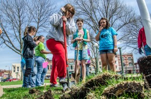 Oskaloosa Girl Scouts help plant trees at the Oskaloosa City Square on Saturday.