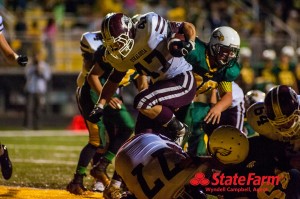 Nate Van Veldhuizen finds his way back to the end-zone for Oskaloosa on Friday night as he helped lead the Indians to their first win of the season over Saydel 44-30