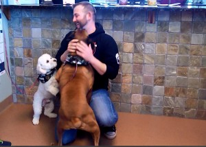US Army Reservist Rick Peugh is reunited with his dogs Rex and Cotton this past week at Small Animal Clinic in Oskaloosa.