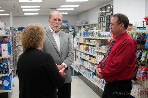 Congressman Dave Loebsack (D) center, talks with the Nichols, Mahaska Drug owners about PBM's. Loebsack was in town on Friday to hear from pharmacists on the subject of PBM's.