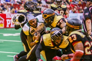 The Iowa Barnstormers overwhelmed the Green Bay Blizzard to claim a home-opener victory for the Barnstormers. (photo by Denis Currier/Oskaloosa News) 
