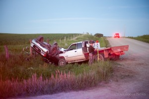 The Iowa State Patrol is seen here investigating the scene of a double-fatality accident in Mahaska County Sunday evening.