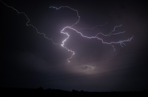 Lightning streaks across the sky during a recent thunderstorm in Mahaska County. (photo by Ginger Allsup/Oskaloosa News)