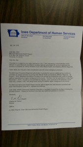  Iowa Department of Human Services Director Charles Palmer letter to Mahaska County.