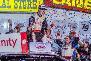Ryan Blaney celebrates in victory lane at Iowa Speedway after leading for 252 laps. (photo by Oskaloosa News)