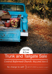 Saturday, October 3rd will be the annual Trunk and Tailgate sale hosted by Central Reformed Church. The sale will feature over 30 vendors selling a wide variety of items.