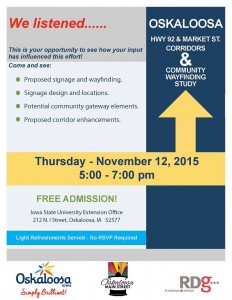 An open house regarding the corridor wayfinding study will be held Thursday, November 12, 2015 from 5:00 PM to 7:00 PM. Stop at the Iowa State University Extension office located at 212 North I Street to offer your input on the Highway 92 and Market Street corridors in Oskaloosa. Come and see; proposed signage and wayfinding, signage design and locations, potential community gateway elements, and proposed corridor enhancements.