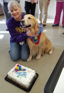 MHP Volunteer Victoria Laird of Oskaloosa and her Pet Therapy dog, Lincoln, recently celebrated their 250th visit to Mahaska Health Partnership. Victoria and Lincoln have been visiting patients, families and employees on the MHP campus since 2010. Inpatient Geriatric Psychiatry staff welcomed Victoria and Lincoln with a cake and celebration on their 250th visit.