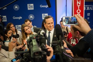 Former Pennsylvania Senator and 2012 Iowa Caucus winner Rick Santorum answers questions from the media after expressing his displeasure about Fox News and other media outlets at Thursday nights debate. (Oskaloosa News photo)