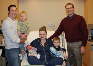 Adam Patrick Peterson of Oskaloosa is Mahaska Health Partnership’s 2016 New Year’s Baby. He is shown with, from left: his father, Kent; brother, Grant; mother, Abby; brother, Noah; and delivering physician, Dr. Shawn Richmond. Adam was born Jan. 3 at 3:16 pm and weighed 8 lbs, 2 oz.