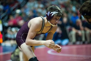 Oskaloosa's Drew Sams at Iowa State Wrestling Finals at Wells Fargo Arena in Des Moines.
