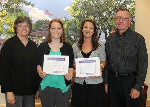 Ginger Sterk (left) and Glenn Sterk (far right) present MHP Employees Summer West and Victoria Life with a $500 scholarship to further their education in nursing. The Sterks are the parents of the late Dr. Kevin Sterk, a psychiatrist at MHP who died unexpectedly in 2010. In his memory, they established the scholarship because of their son’s great respect for nurses and their valuable contribution to the healthcare field.  