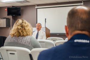 Iowa Senator Chuck Grassley fields questions from the staff at Mahaska Health Partnership on Thursday afternoon.