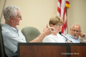 Discussion between Oskaloosa School Board members Carl Drost (left) and board president Tom Richardson (not pictured) became heated on Tuesday night.