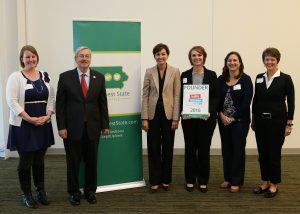 Members from the Mahaska Wellness Coalition are representing Oskaloosa as the community receives one of 16 Healthy Hometown Founder Awards. Shown, from left, are: Amy Meyer, Gov. Terry Branstad, Lt. Gov. Kim Reynolds, Ann Smith, Lea Rice and Stephanie Faulkes.