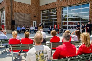 Oskaloosa Fire Chief Mark Neff makes his remarks during the dedication of the new Oskaloosa Fire Station.