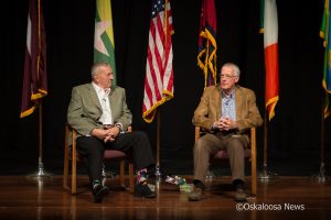 Gen. Tommy Franks (left) and Joe Crookham (right) speak about their experiences in life with William Penn Students during the fall convocation on September 7, 2017.