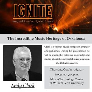 Andy Clark, President of C.L. Barnhouse Company, will present “The Incredible Music Heritage of Oskaloosa” on Thursday, October 26 at 6:00 p.m. in the Musco Technology Center (MTC) on William Penn University’s Oskaloosa campus. (submitted photo)