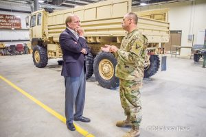 Congressman Dave Loebsack (left) and Col. John Perkins (right) talk about the changes that have taken place at the Oskaloosa National Guard Armory during a tour on Saturday.