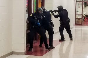 Oskaloosa Police Officers conduct active shooter training at the Oskaloosa High School over the Thanksgiving break.