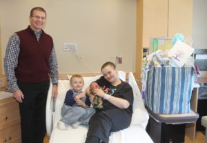 Adan Dean Martin of Sigourney is Mahaska Health Partnership’s 2018 New Year’s Baby. He is shown with his delivering physician, Dr. Shawn Richmond; his older brother, Joshua; and his mother, Patricia Snook. Dad Travis Martin works nights and was home sleeping when the New Year’s Baby gift presentation was made. Adan was born Jan. 4 at 4:12 am and weighed 6 lbs, 7 oz. 