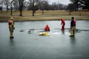 Oskaloosa Fire Fighters practice cold water rescue this week at Edmundson Pond.