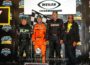 Saturday's All Star winner Kerry Madsen is flanked by second place Sammy Swindell (L) and third place Chad Kemenah (R) (Chuck Stowe Image)