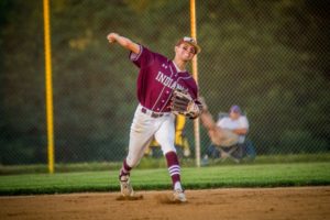 Senior Alex DeJong fires his right arm from short stop to first base against Indianola.