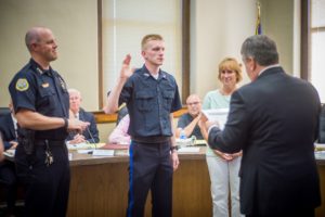 Oskaloosa Police Officer Ian Barnhart was sworn in at the Oskaloosa City Council meeting July 16, 2018.
